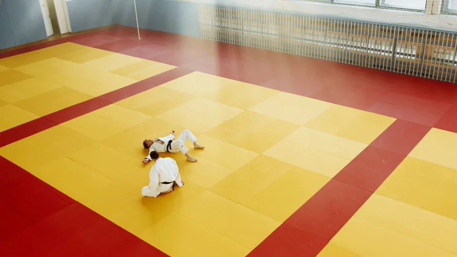 Overhead view of two martial artists resting on a red and yellow training mat